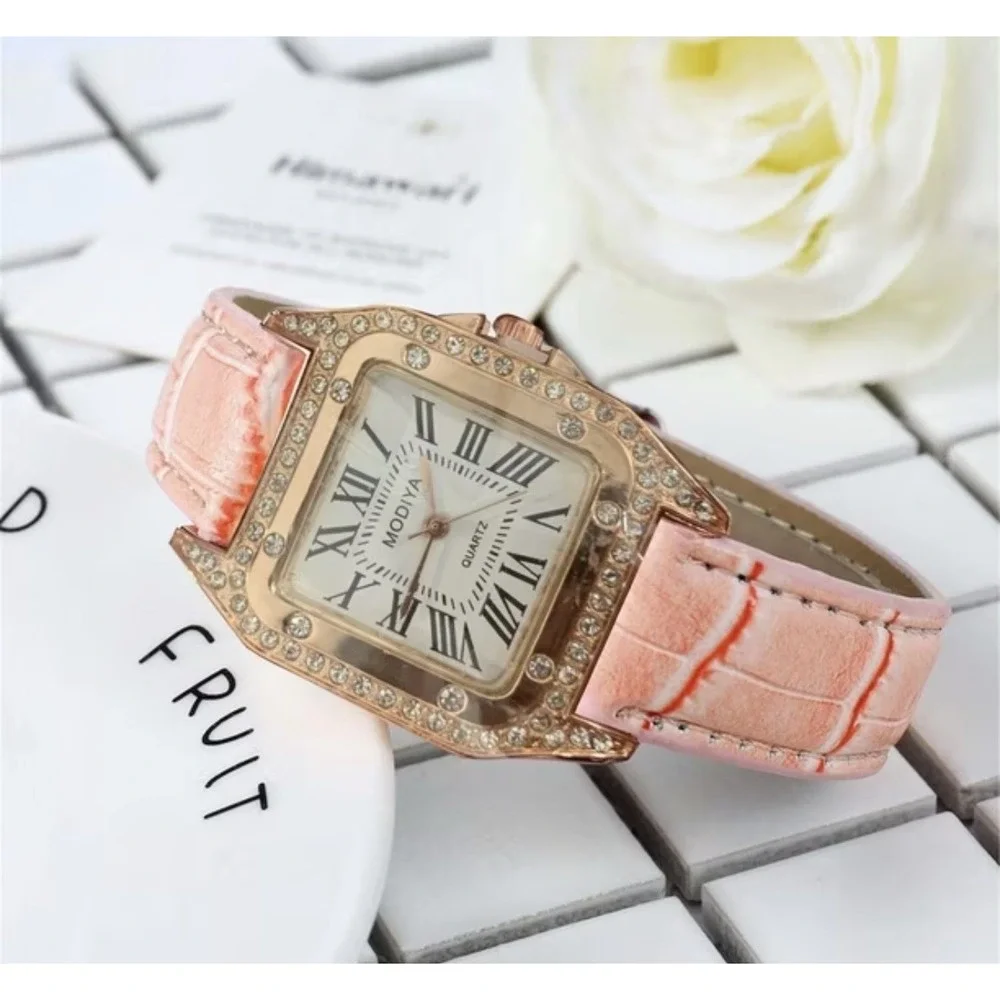 Moonya Women's Quartz Rectangle Watch Pink Faux Leather Strap White Roman Dial